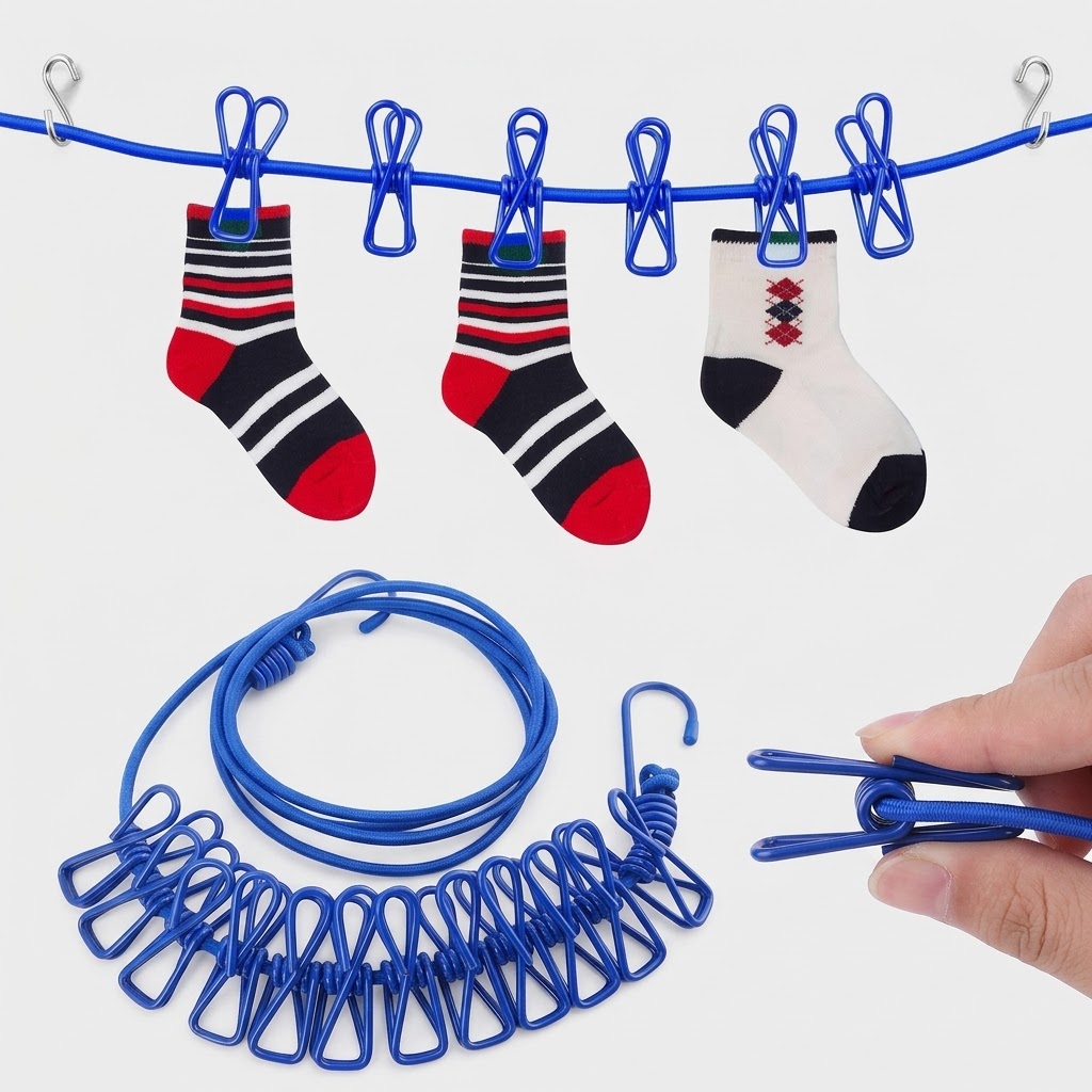 TAŞINABİLİR ELASTİK MANDALLI ÇAMAŞIR İPİ