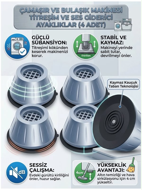 ÇAMAŞIR BULAŞIK MAKİNASI YÜKSELTİCİ VE TİTREŞİM ÖNLEYİCİ 4 ADET